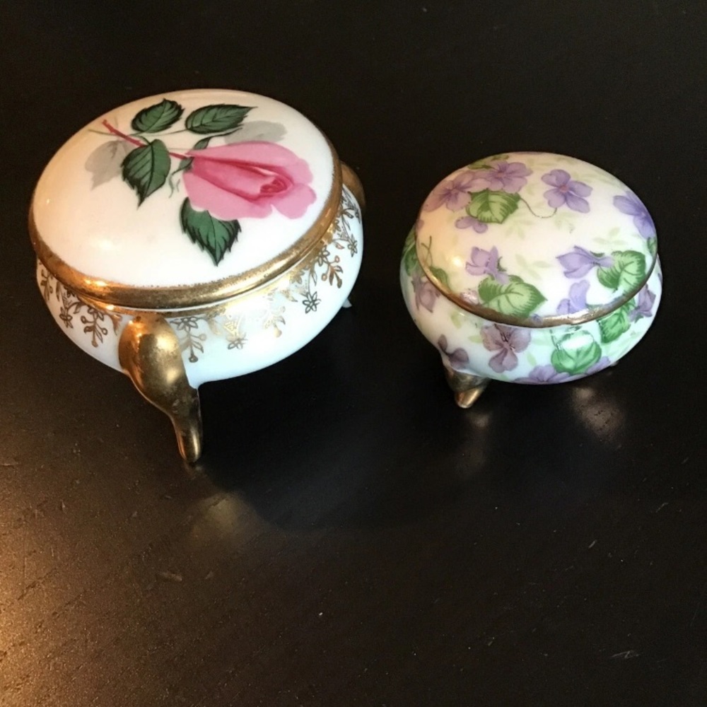 2 Floral Porcelain Trinket Boxes - Gold Accents